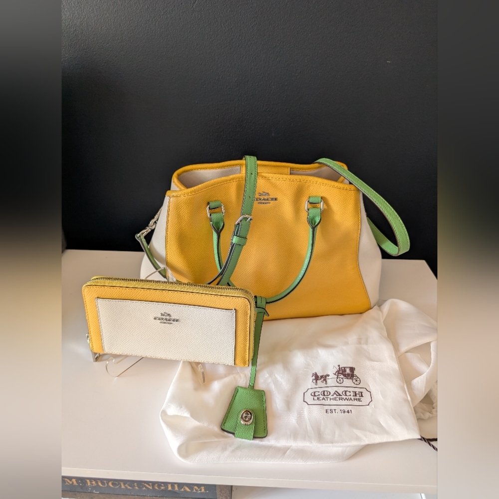 Coach Leather Two-Way Bag with Green & Yellow Accents & Matching Wallet